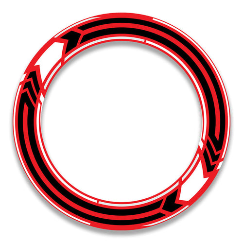 17-inch Ducati, MV Agusta, Triumph wheel rim protection stickers set, front and rear wheel decals, black and red design.
