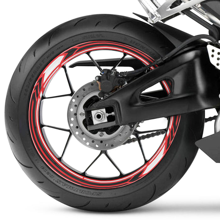 Ducati, MV Agusta, Triumph 17-inch wheel rim protection stickers set by StickerBao, showing front and rear wheel decals on rims
