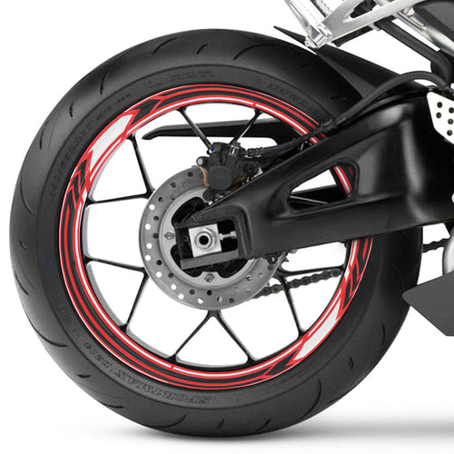 Ducati, MV Agusta, Triumph 17-inch wheel rim protection stickers set by StickerBao, showing front and rear wheel decals on rims