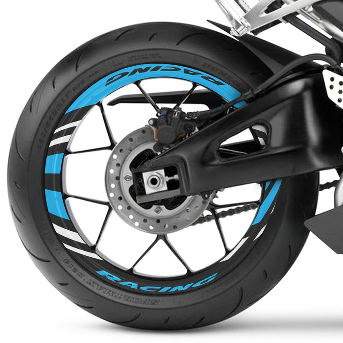 17-inch wheel rim protection sticker set for MV Agusta, Triumph, Kawasaki motorcycles, showing black and silver decals on bike wheels.