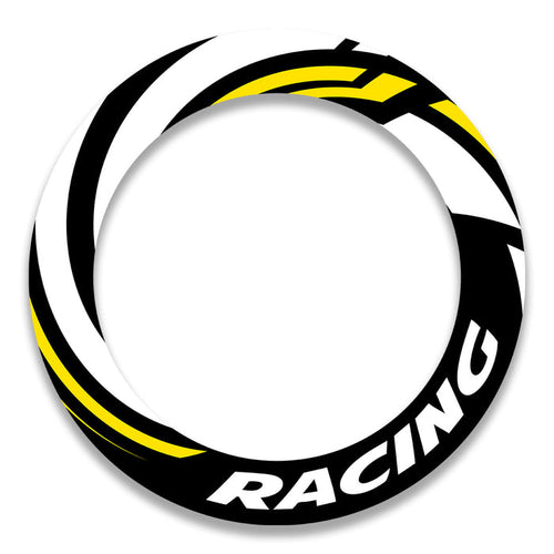 StickerBao 17-inch wheel rim protection sticker set for Triumph Kawasaki Honda, featuring black and yellow decal design on front and rear rims.