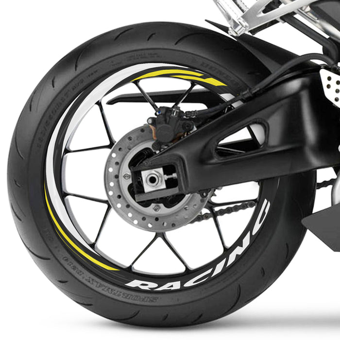 17-inch wheel rim protection sticker set by StickerBao for Triumph, Kawasaki, Honda motorcycles, featuring front and rear wheel decals.