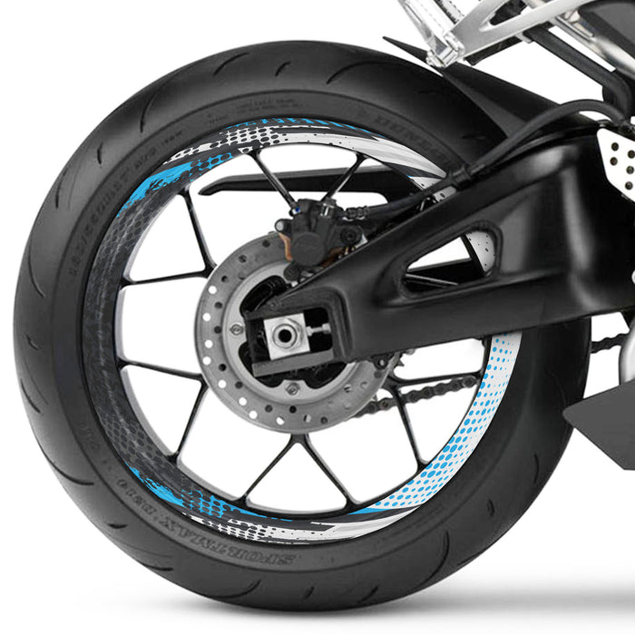 Set of 17-inch front and rear wheel rim protection stickers for Suzuki, Yamaha, Honda, by StickerBao, featuring decorative decals.