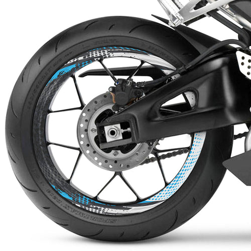 Set of 17-inch front and rear wheel rim protection stickers for Suzuki, Yamaha, Honda, by StickerBao, featuring decorative decals.