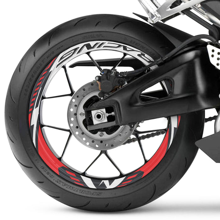 17-inch wheel rim protection stickers set for Honda, Yamaha, Suzuki; black and red decals on front and rear motorcycle wheels.