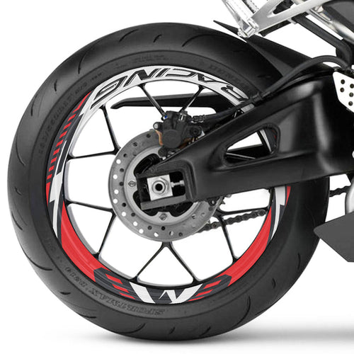 17-inch wheel rim protection stickers set for Honda, Yamaha, Suzuki; black and red decals on front and rear motorcycle wheels.