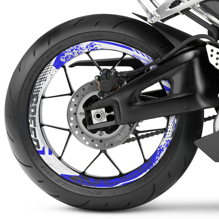 17-inch wheel rim protection sticker set for Yamaha, Suzuki, and Aprilia motorcycles, featuring black decals for front and rear wheels.