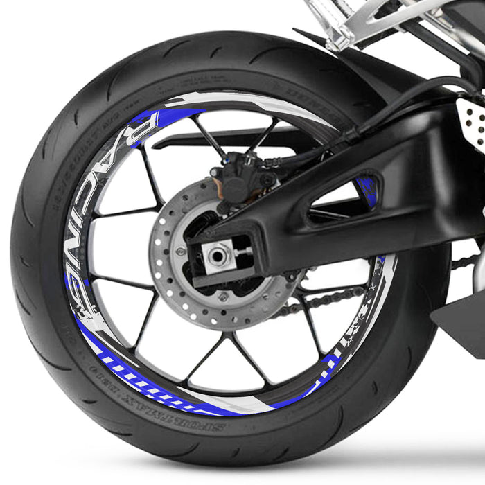 Set of 17-inch wheel rim protection stickers for Suzuki, Aprilia, BMW bikes, featuring black and silver decal designs.