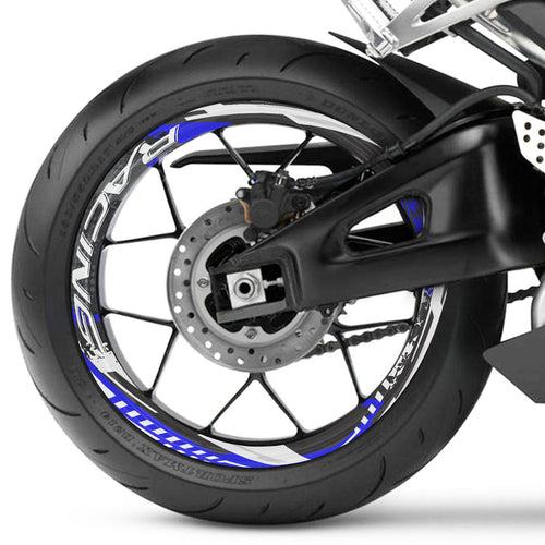 Set of 17-inch wheel rim protection stickers for Suzuki, Aprilia, BMW bikes, featuring black and silver decal designs.