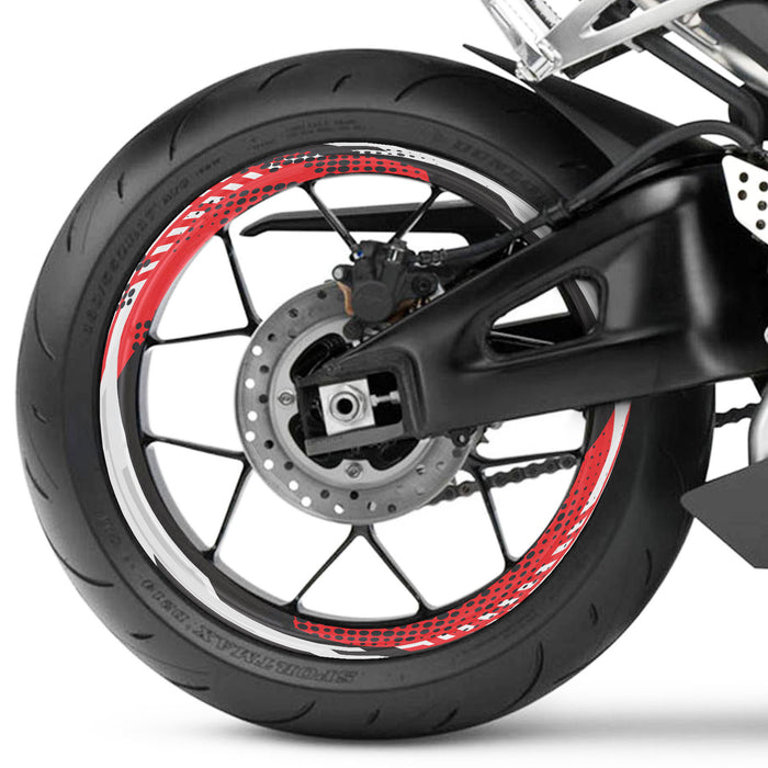 Front and rear 17-inch wheel rim protection sticker set for Ducati, MV Agusta, and Triumph motorcycles, featuring black and red rim decals.