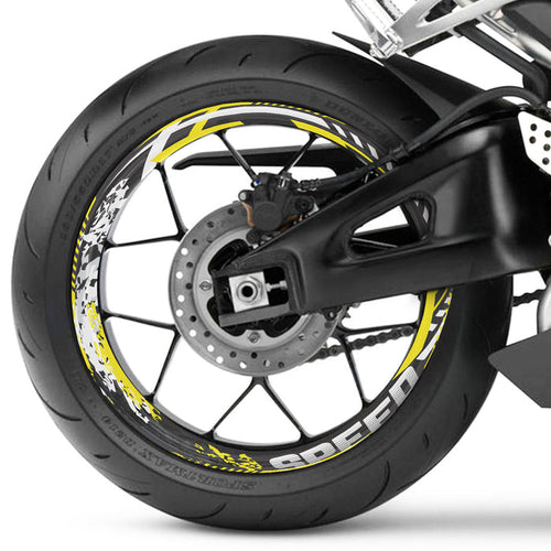 17 inch wheel rim protection stickers set for MV Agusta, Triumph, Kawasaki motorcycles, featuring black and yellow decal design.
