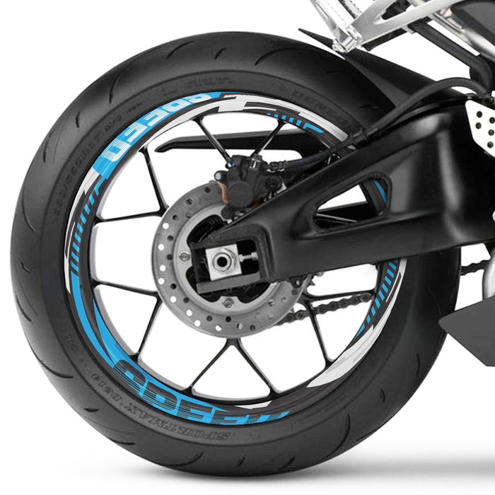 17-inch wheel rim protection sticker set for Triumph Kawasaki Honda, featuring front and rear wheel decals by StickerBao