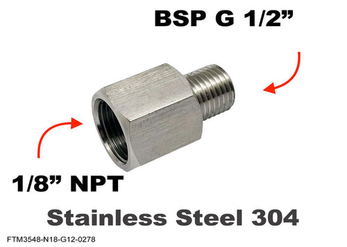 Stainless steel 1/8 inch NPT female to BSP G 1/2 inch male sensor adaptor fitting for hydraulic or pneumatic conversions.
