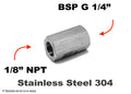 Stainless steel 1/8 inch NPT female to BSP G 1/4 inch female sensor adaptor fitting for plumbing or hydraulic conversions.