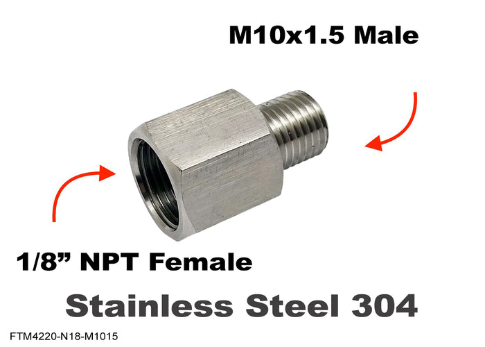 Stainless steel 1/8 inch NPT female to M10x1.5 male sensor adaptor fitting for conversion by MC Motoparts.