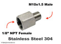 Stainless steel 1/8 inch NPT female to M10x1.5 male sensor adaptor fitting for conversion by MC Motoparts.