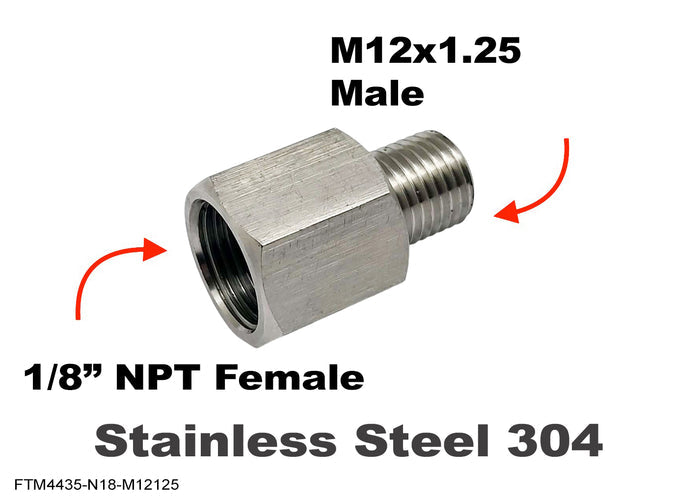 Stainless steel 1/8 inch NPT female to M12x1.25 male sensor adaptor fitting for vehicle sensor conversions.