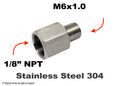 Stainless steel MC Motoparts 1/8 inch NPT female to M6x1.0 male sensor adaptor fitting showing threaded connections.