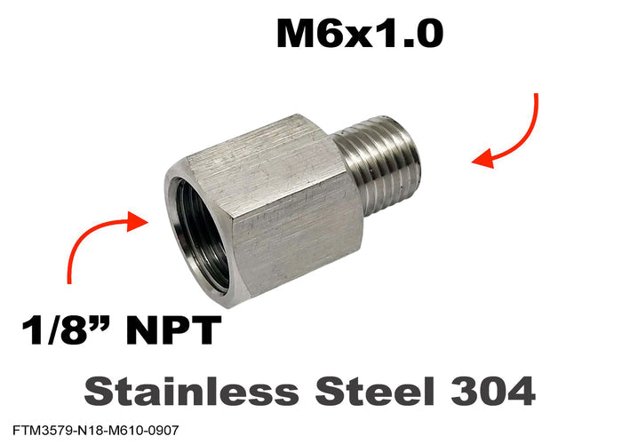 Stainless steel MC Motoparts 1/8 inch NPT female to M6x1.0 male sensor adaptor fitting showing threaded connections.