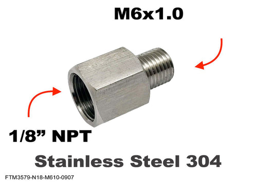 Stainless steel MC Motoparts 1/8 inch NPT female to M6x1.0 male sensor adaptor fitting showing threaded connections.