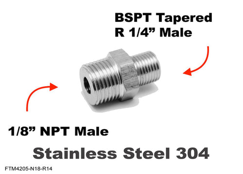 Stainless steel 1/8 inch NPT male to BSPT tapered adapter fitting with 1/4 inch male connection for sensor applications.
