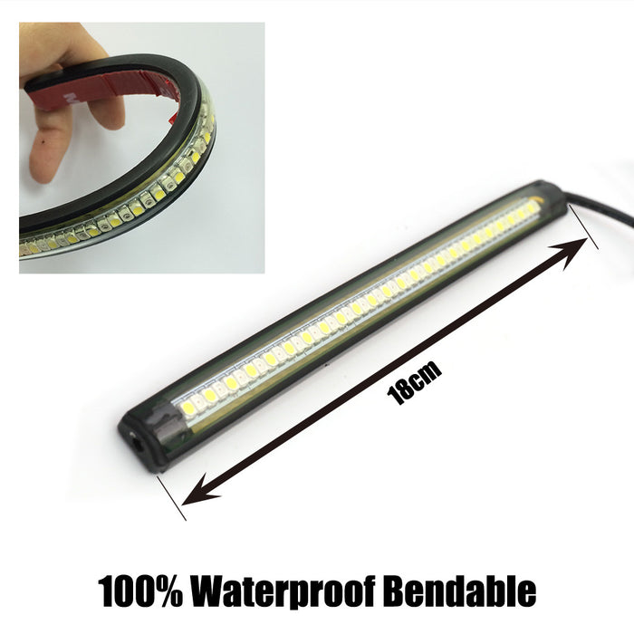 MC Motoparts 18cm LED turn signal and front running light strips, white and yellow, for motorcycle safety and visibility.