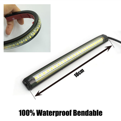 MC Motoparts 18cm LED turn signal and front running light strips, white and yellow, for motorcycle safety and visibility.