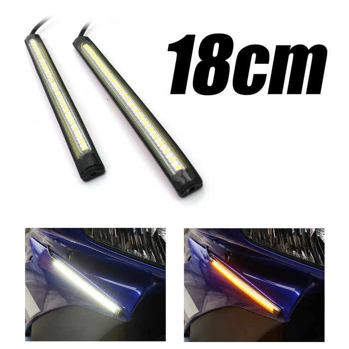 White 18cm LED turn signal and front running light strips by MC Motoparts, designed for motorcycle signaling and visibility.