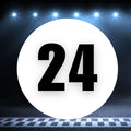 Two white race car circle magnets with the number 24, sizes from 8 to 18 inches, on a white background.