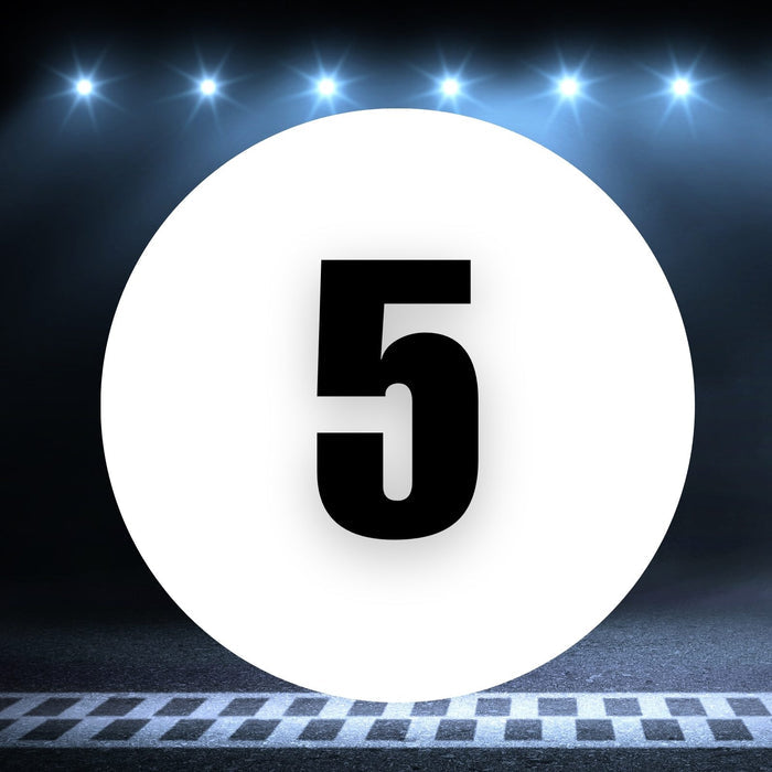 Two white circle racing number magnets with the number 5, measuring 8 to 18 inches, on a white background.