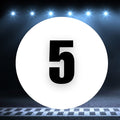 Two white circle racing number magnets with the number 5, measuring 8 to 18 inches, on a white background.