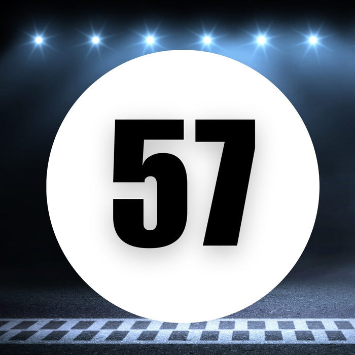 Two white circle racing number magnets with the number 57, suitable for race cars, from StickerBao, measuring 8 to 18 inches.