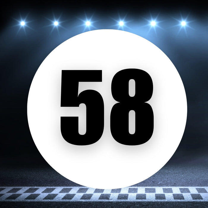 Two white race car circle magnets with the number 58, 8 to 18 inches, on a white background, by StickerBao.