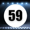 Two white race car circle magnets with number 59, 8 to 18 inches, on a white background, by StickerBao.