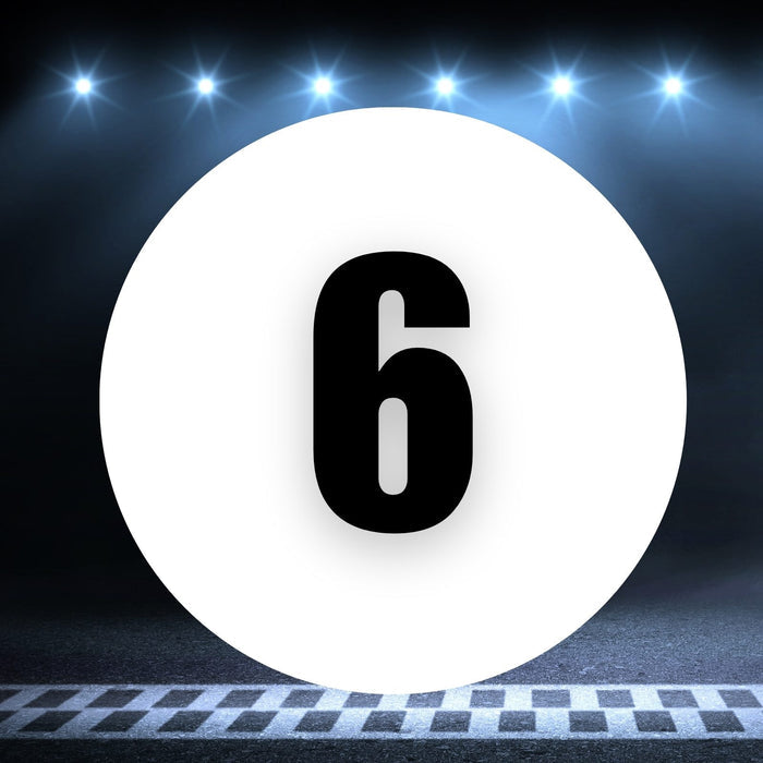 Two white race car circle magnets with number 6, 8 to 18 inches, on a white background, by StickerBao.