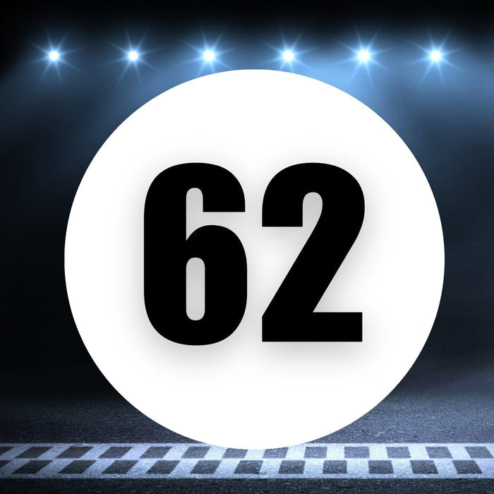 Two white circle racing number magnets with the number 62, sizes 8 to 18 inches, for race cars, by StickerBao.