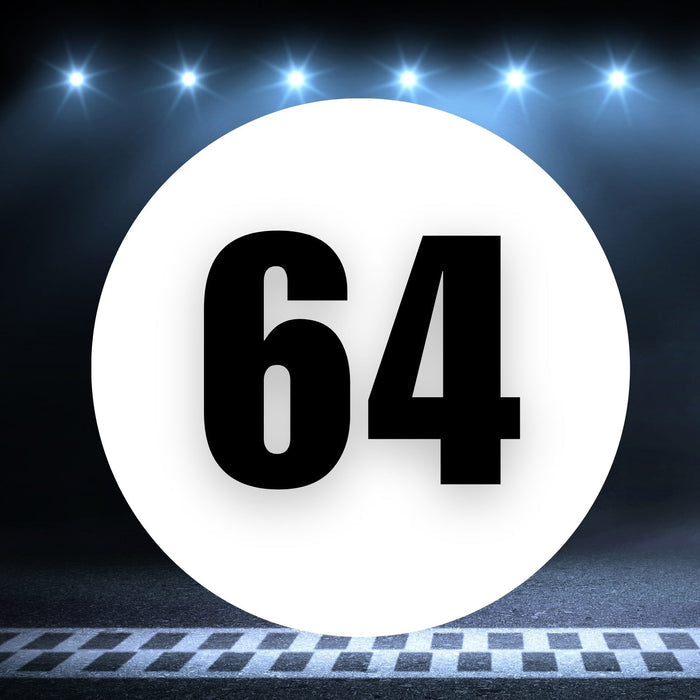 Two white race car circle magnets with the number 64, measuring 8 to 18 inches, on a white background.