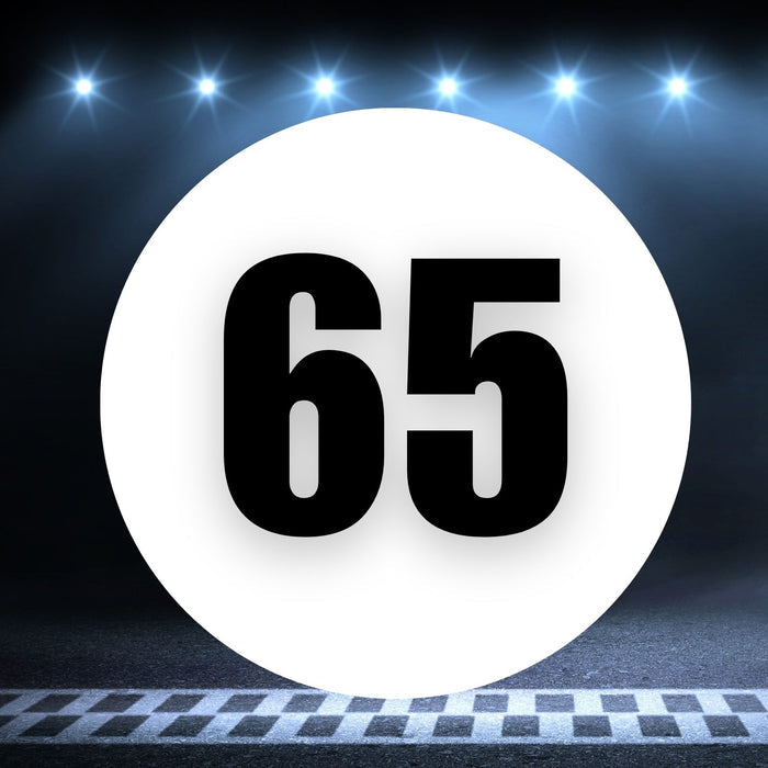 Two white race car number 65 circle magnets from StickerBao, 8 to 18 inches, on a white background.