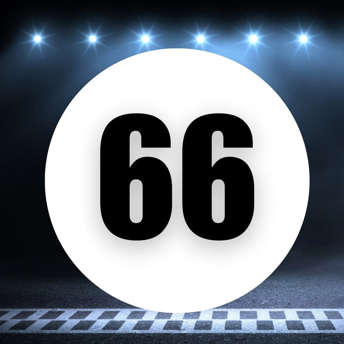 Two white race car circle magnets with the number 66 in black, measuring 8 to 18 inches, on a white background.