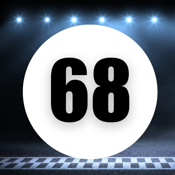 Pair of 8 to 18-inch white background Race Car Circle Magnets with number 68 from StickerBao, designed for racing vehicles.
