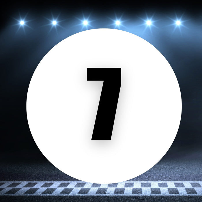 Two white race car circle magnets with the number 7, 8 to 18 inches, on a white background, by StickerBao.