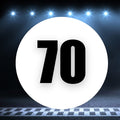 Two white race car circle magnets with number 70 in black, 8 to 18 inches, ideal for racing vehicle decoration.