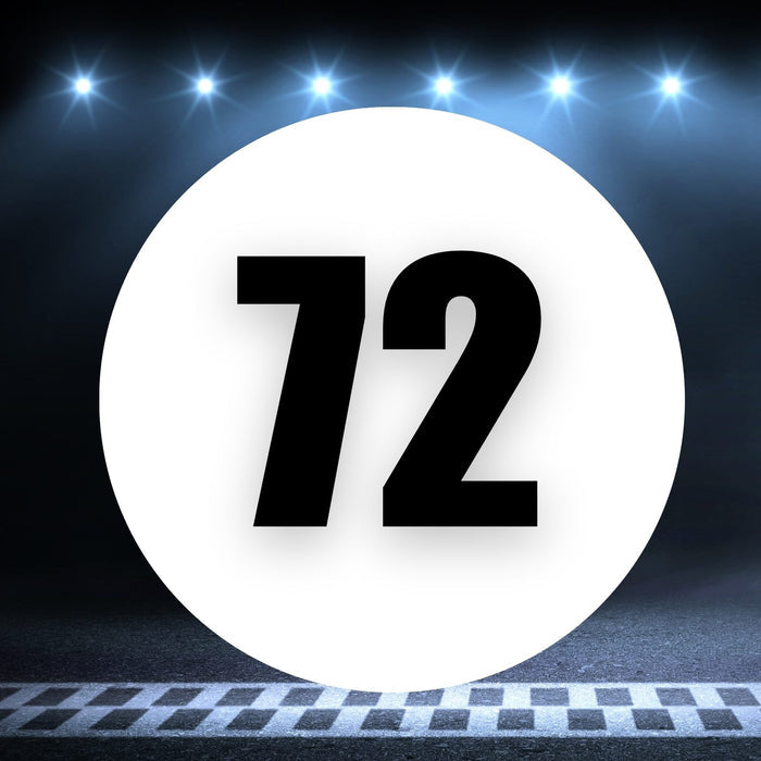 Two white circle racing number magnets with the number 72, measuring 8 to 18 inches, designed for race cars.