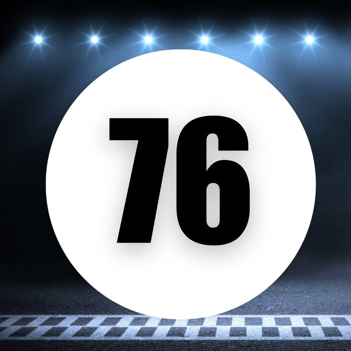 Two white race car circle magnets with the number 76, measuring 8 to 18 inches, on a white background.