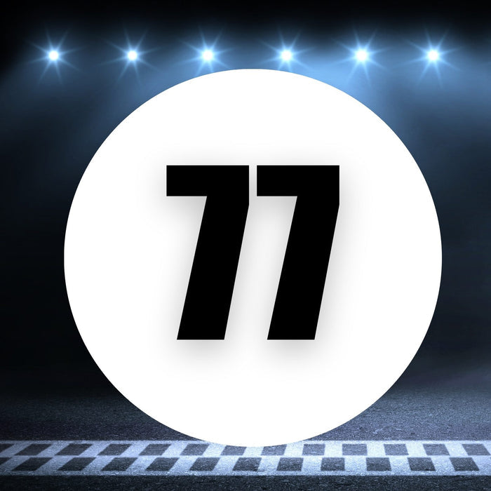Two white background race car circle magnets with the number 77, sizes 8 to 18 inches, by StickerBao.