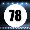 Two white circle magnets with the number 78, designed for race cars, measuring 8 to 18 inches, by StickerBao.