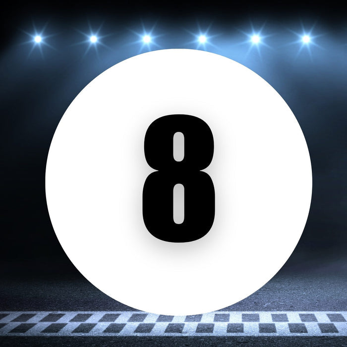 Two white race car circle magnets with the number 8, sized 8 to 18 inches, on a white background, by StickerBao.