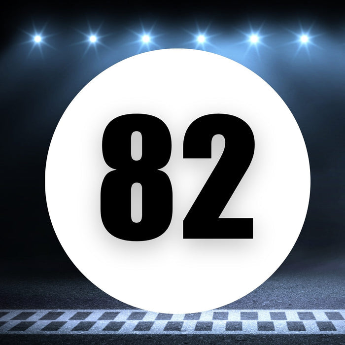 Two white race car circle magnets with the number 82, 8 to 18 inches, on a white background, by StickerBao.