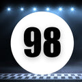 Two white race car circle magnets with number 98 in black, displayed on a white background, measuring 8 to 18 inches.