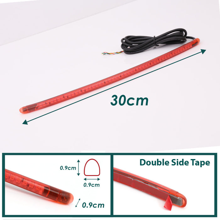 30cm MC Motoparts AMP-Z rear LED turn signal brake light strip with red and yellow lights, designed for motorcycle safety.